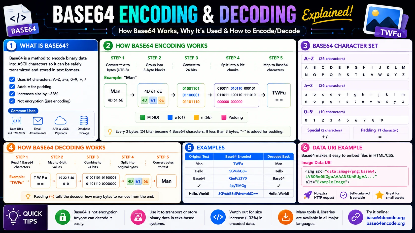 Base64 encoding: binary input is converted to ASCII text