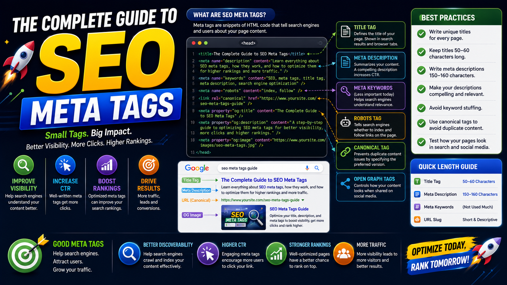 SEO meta tags: title, description, Open Graph, and Twitter Card previews
