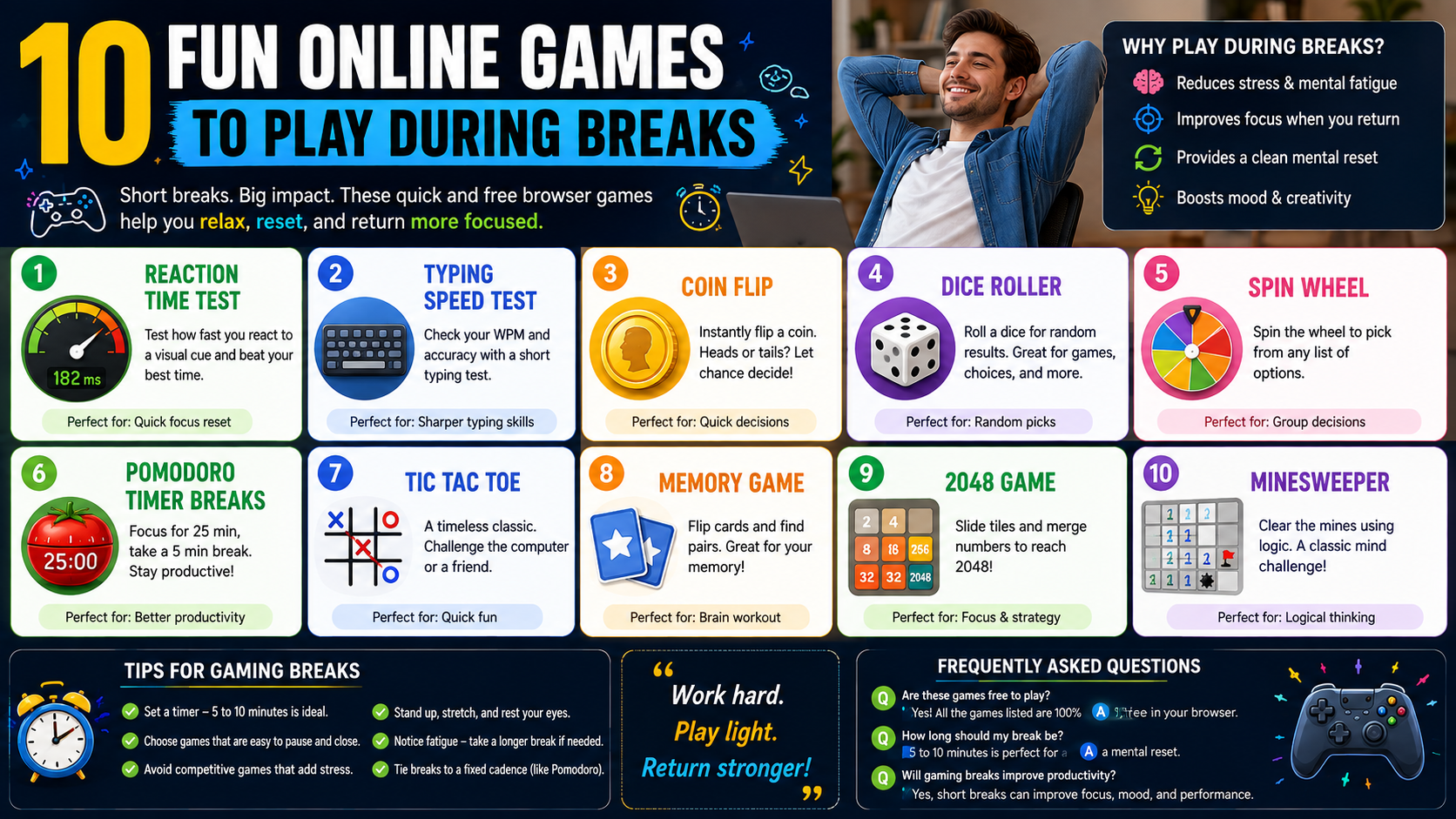Fun browser games to play during short work breaks: dice, coins, spin wheel, and reaction timers