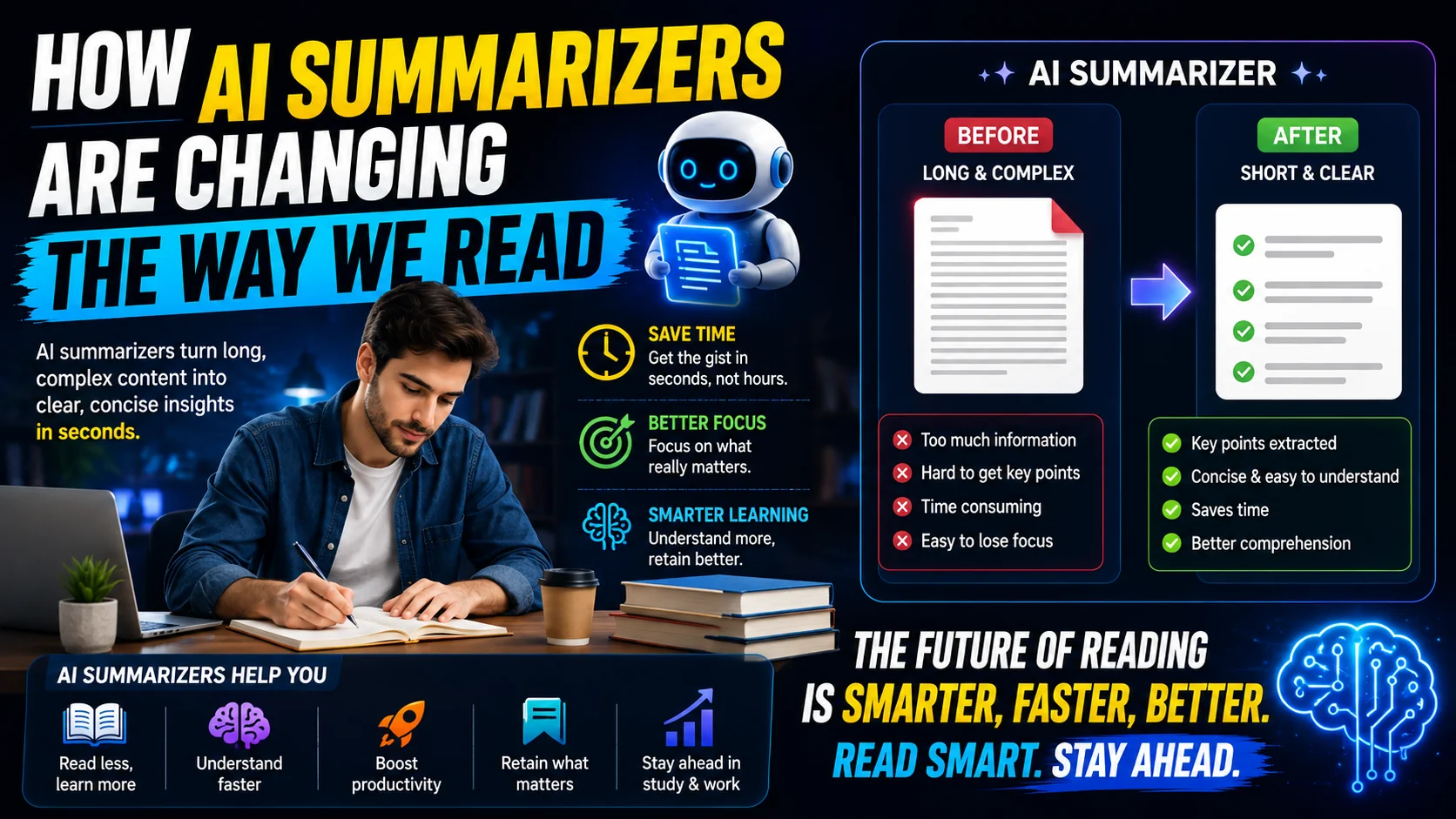 AI summarizer: a long document being distilled into key bullet points