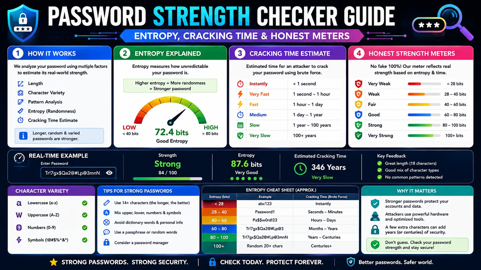 Password strength checker illustration showing an 8-segment strength meter and an entropy-to-cracking-time conversion