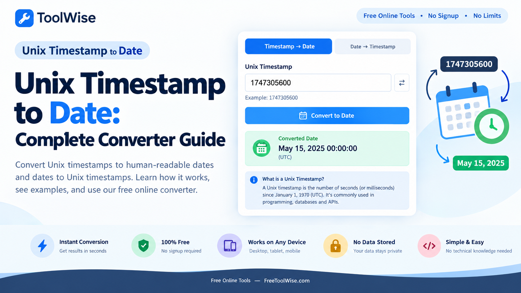 Unix timestamp converter illustration showing epoch seconds converting to a human-readable date