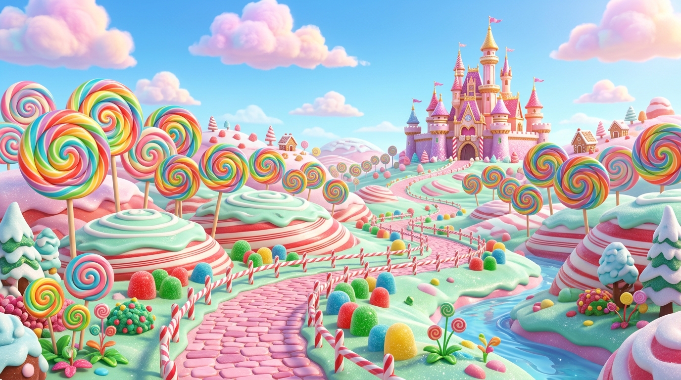 Candy Kingdom background backdrop scene with candy castle and lollipop hills