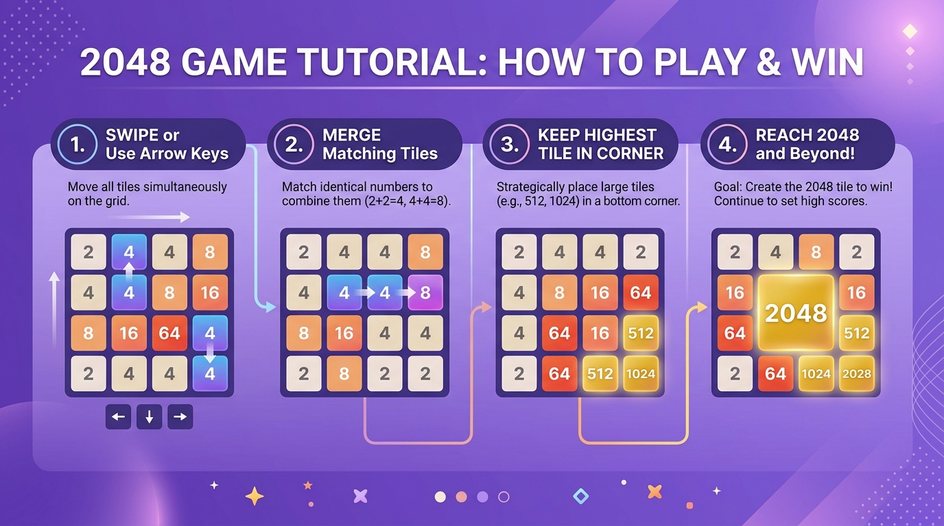 2048 Step-by-Step Guide: Swipe or Use Arrow Keys, Merge Matching Tiles, Keep Highest Tile in Corner, Reach 2048 and Beyond
