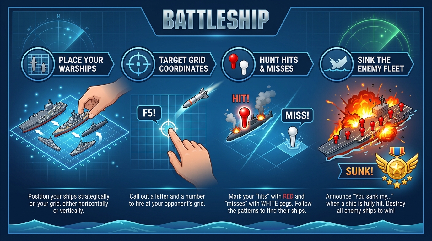 Battleship Step-by-Step Guide: Place Your Warships, Target Grid Coordinates, Hunt Hits & Misses, Sink the Enemy Fleet