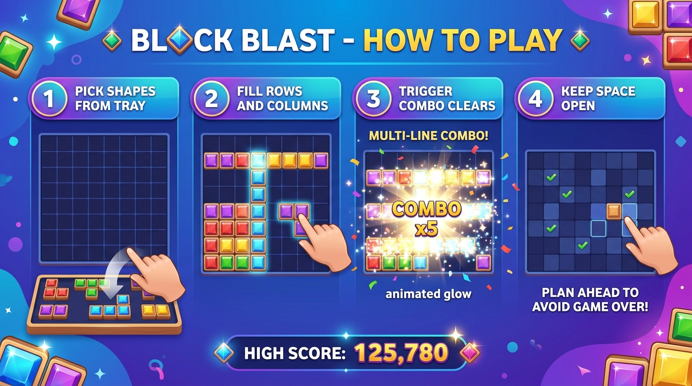 Block Blast Step-by-Step Guide: Pick Shapes from Tray, Fill Rows and Columns, Trigger Combo Clears, Keep Space Open