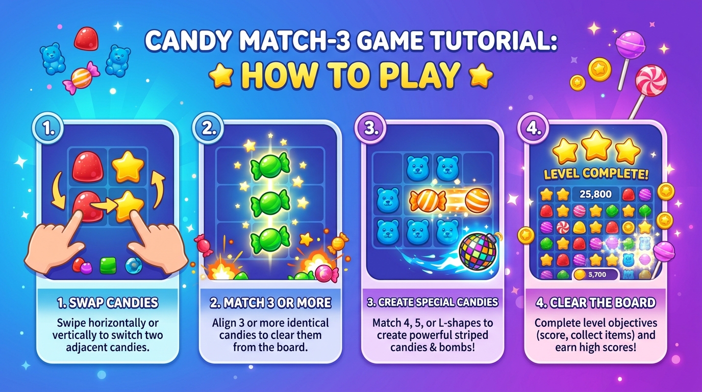 Candy Quest Step-by-Step Guide: Swap Candies, Match 3 or More, Create Special Candies, Clear the Board