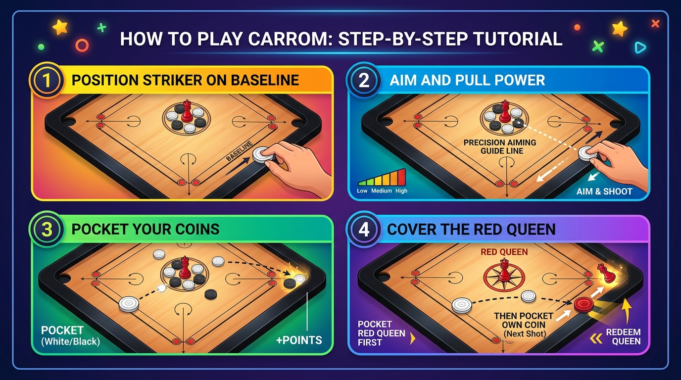 Carrom Step-by-Step Guide: Position Striker on Baseline, Aim and Pull Power, Pocket Your Coins, Cover the Red Queen