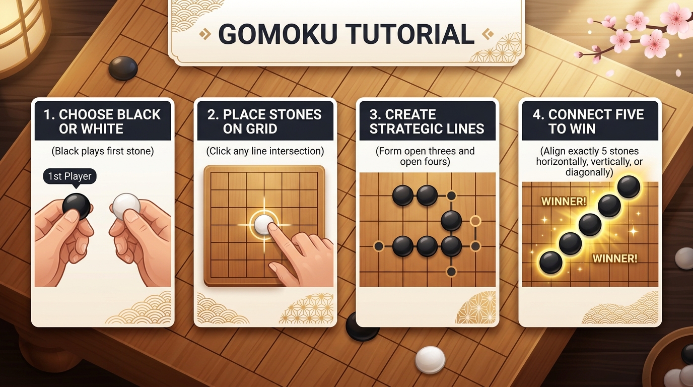Gomoku Step-by-Step Guide: Choose Black or White, Place Stones on Grid, Create Strategic Lines, Connect Five to Win