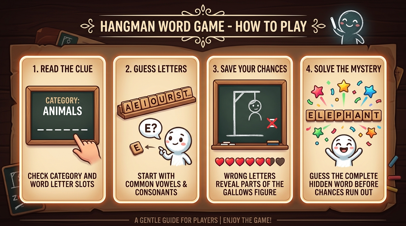 Hangman Step-by-Step Guide: Read The Clue, Guess Letters, Save Your Chances, Solve The Mystery