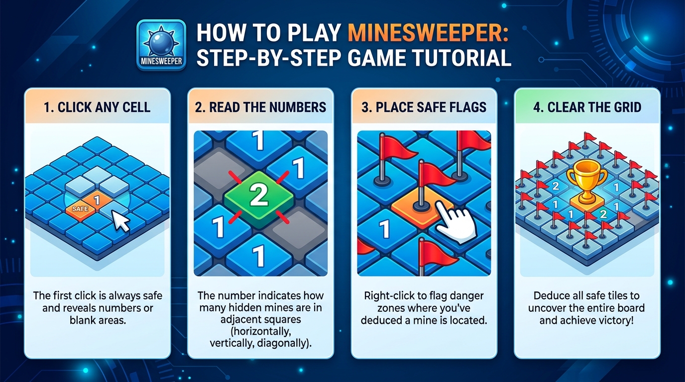 Minesweeper Step-by-Step Guide: Click Any Cell, Read The Numbers, Place Safe Flags, Clear The Grid